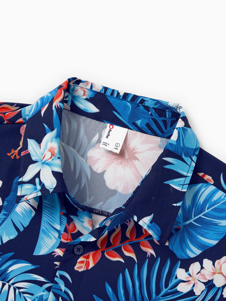 Family Matching Vacation Set Tropical Floral Print Shirt or Halter Dresses for Dad, Mom, Kids & Baby, Perfect for Summer Holidays & Family Photos Deep Blue