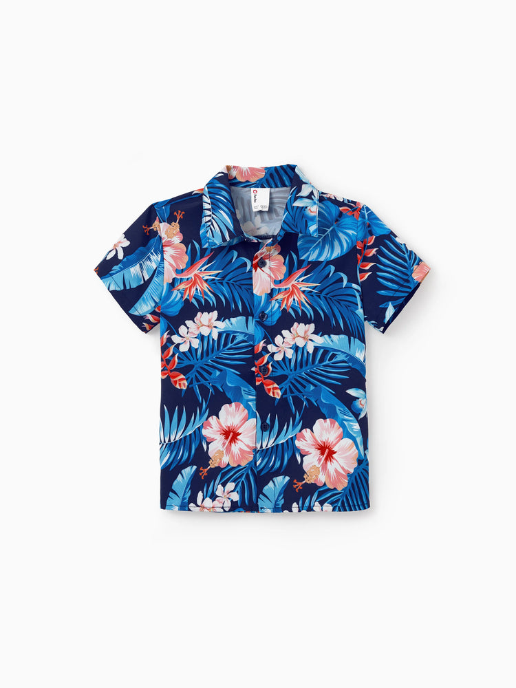 Mommy & me Vacation Set Tropical Floral Print Shirt or Halter Dresses for Dad, Mom, Kids & Baby, Perfect for Summer Holidays & Family Photos Deep Blue