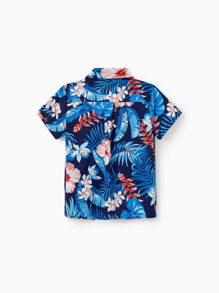 Family Matching Vacation Set Tropical Floral Print Shirt or Halter Dresses for Dad, Mom, Kids & Baby, Perfect for Summer Holidays & Family Photos Deep Blue