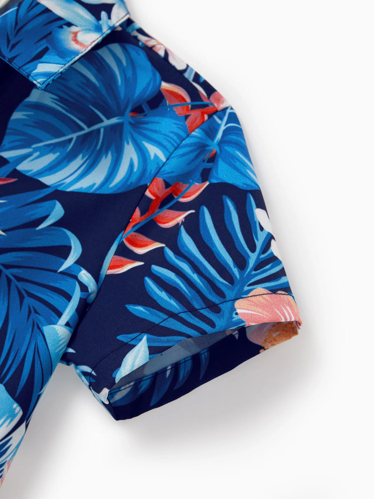 Family Matching Vacation Set Tropical Floral Print Shirt or Halter Dresses for Dad, Mom, Kids & Baby, Perfect for Summer Holidays & Family Photos Deep Blue