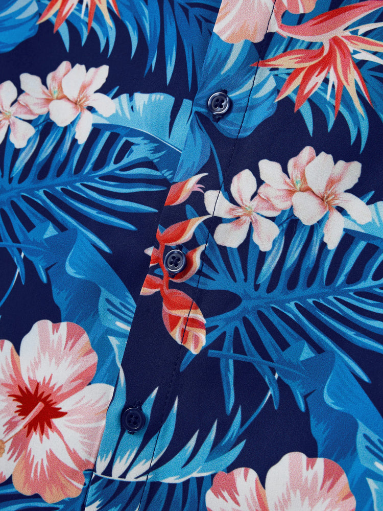 Family Matching Vacation Set Tropical Floral Print Shirt or Halter Dresses for Dad, Mom, Kids & Baby, Perfect for Summer Holidays & Family Photos Deep Blue