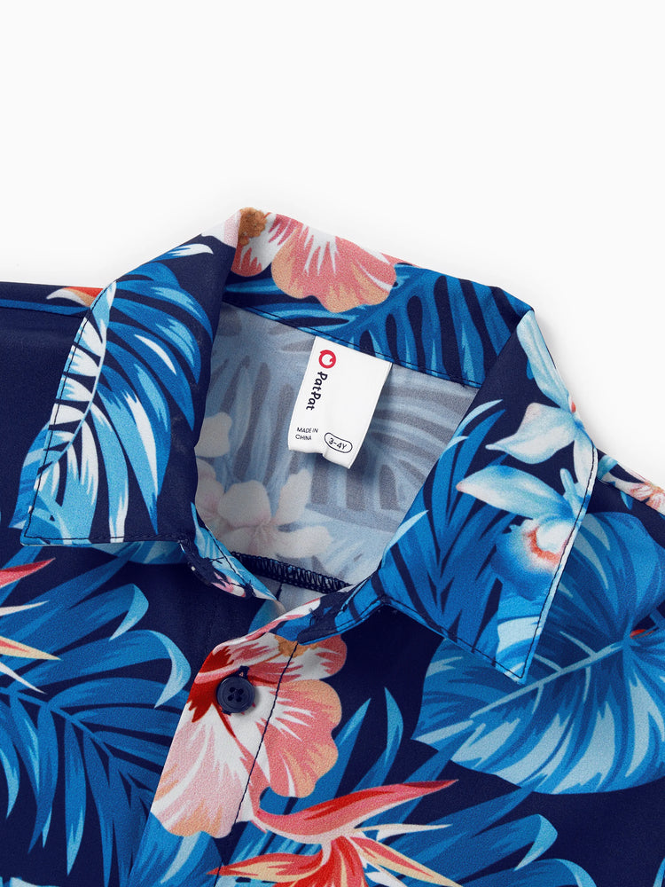 Family Matching Vacation Set Tropical Floral Print Shirt or Halter Dresses for Dad, Mom, Kids & Baby, Perfect for Summer Holidays & Family Photos Deep Blue