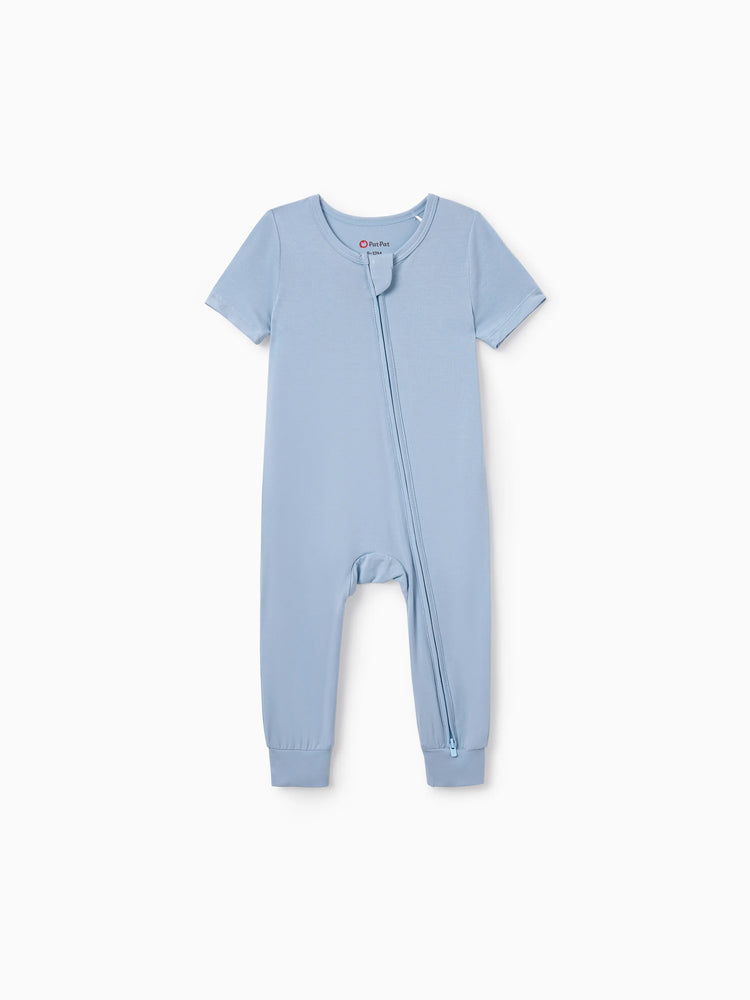 Family Matching Bamboo Pajamas Soft Bamboo Viscose PJs for Men Women Kids Toddler Baby, Classic Blue Short-sleeve Sleepwear with Button-Down Shirt and Pants Blue grey