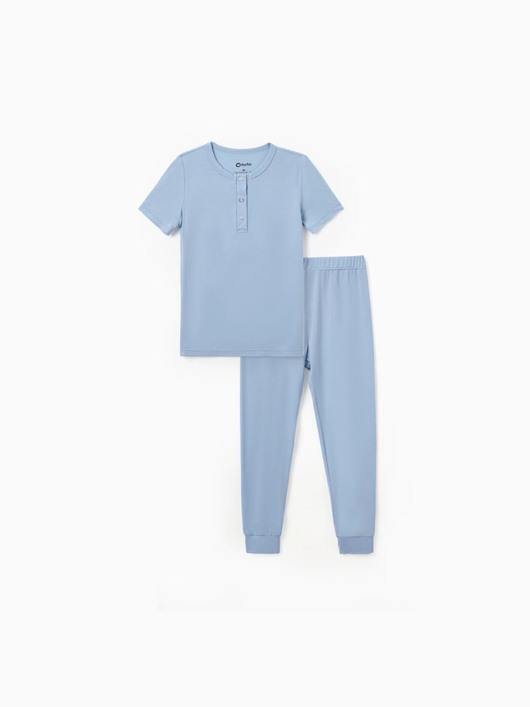 Family Matching Bamboo Pajamas Soft Bamboo Viscose PJs for Men Women Kids Toddler Baby, Classic Blue Short-sleeve Sleepwear with Button-Down Shirt and Pants Blue grey