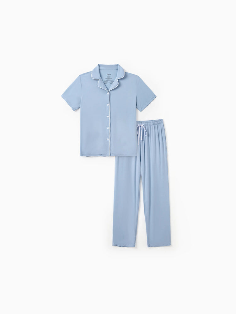 Family Matching Bamboo Pajamas Soft Bamboo Viscose PJs for Men Women Kids Toddler Baby, Classic Blue Short-sleeve Sleepwear with Button-Down Shirt and Pants Blue grey