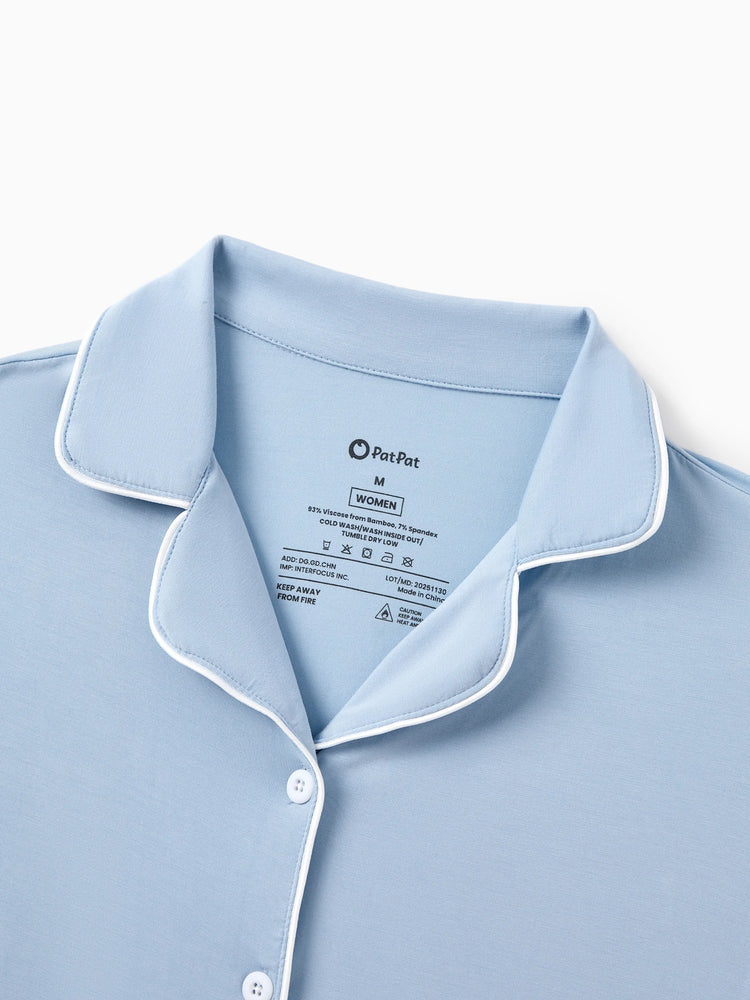 Family Matching Bamboo Pajamas Soft Bamboo Viscose PJs for Men Women Kids Toddler Baby, Classic Blue Short-sleeve Sleepwear with Button-Down Shirt and Pants Blue grey