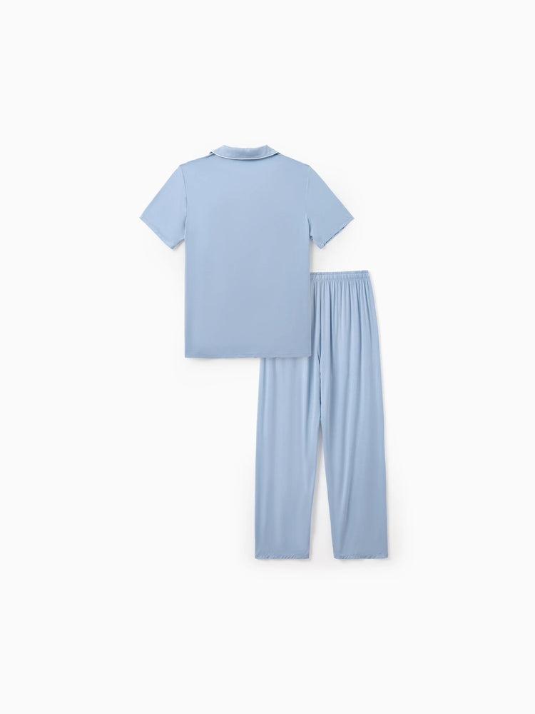 Family Matching Bamboo Pajamas Soft Bamboo Viscose PJs for Men Women Kids Toddler Baby, Classic Blue Short-sleeve Sleepwear with Button-Down Shirt and Pants Blue grey
