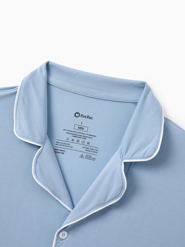Family Matching Bamboo Pajamas Soft Bamboo Viscose PJs for Men Women Kids Toddler Baby, Classic Blue Short-sleeve Sleepwear with Button-Down Shirt and Pants Blue grey