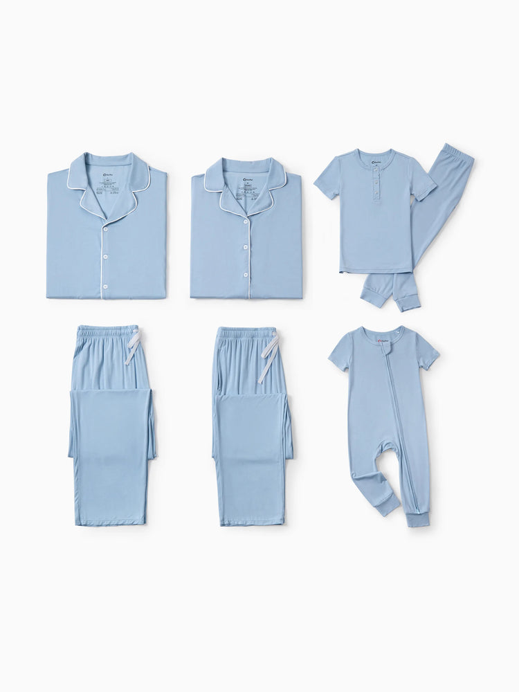 Family Matching Bamboo Pajamas Soft Bamboo Viscose PJs for Men Women Kids Toddler Baby, Classic Blue Short-sleeve Sleepwear with Button-Down Shirt and Pants Blue grey