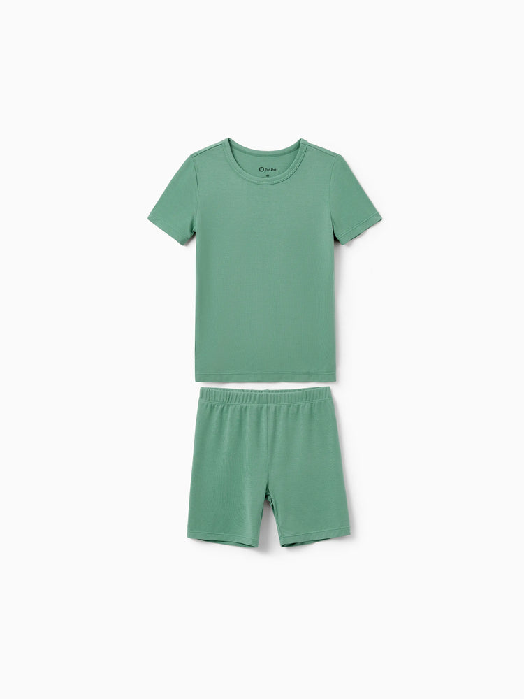 Family Matching Bamboo Pajamas Buttery Soft Bamboo Viscose PJs for Men Women Kids Toddler Baby, Solid Color Short Sleeve Shirt & Shorts Sleepwear Green
