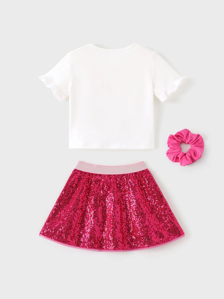 Barbie Toddler/Kid Girl 3pcs Cotton Top and Sequin embroidery Skirt with Headband Set Hot Pink