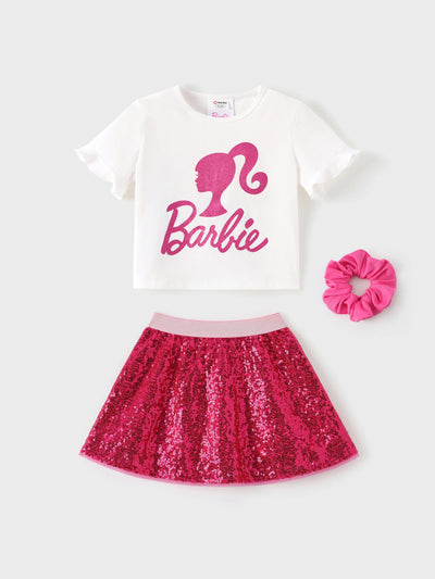 Barbie Toddler/Kid Girl 3pcs Cotton Top and Sequin embroidery Skirt with Headband Set Hot Pink