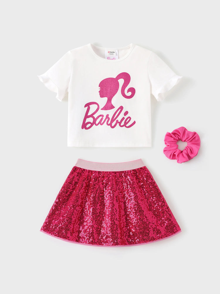 Barbie Toddler/Kid Girl 3pcs Cotton Top and Sequin embroidery Skirt with Headband Set Hot Pink
