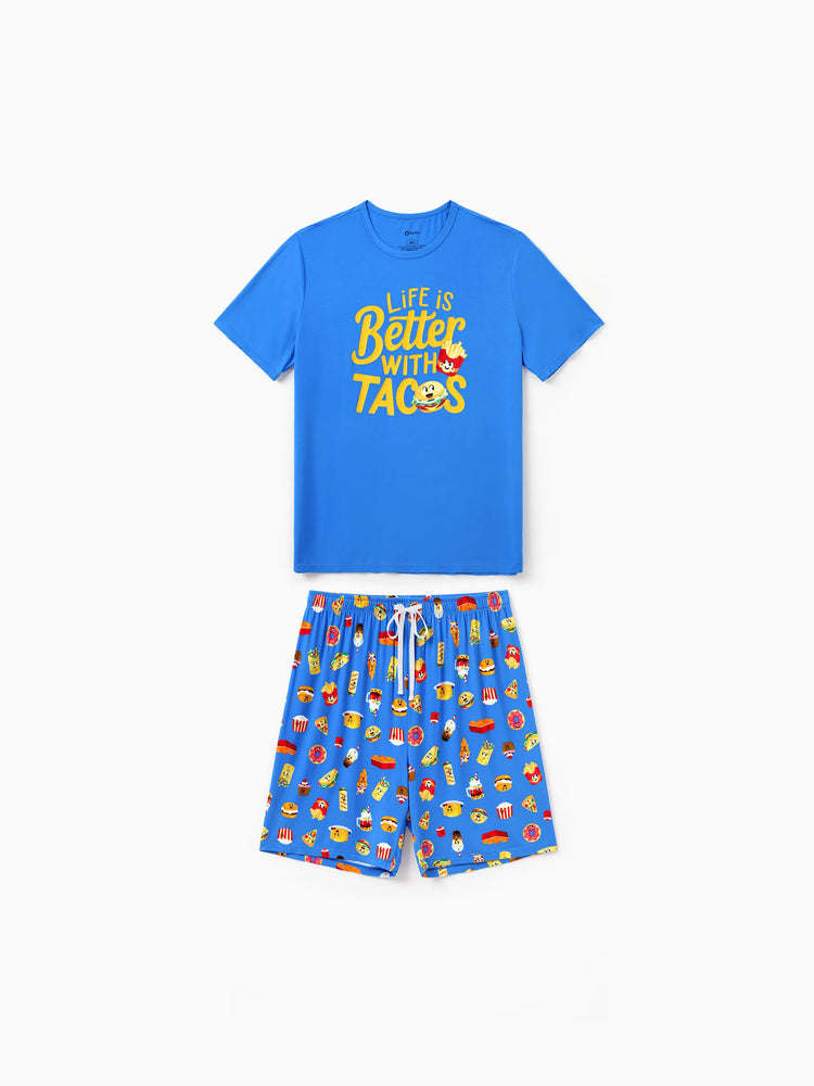 Family Matching Bamboo Pajamas Buttery Soft Bamboo PJs for Men Women Kids Toddler, Cute Burger & Fries Print Short Sleeve Sleepwear (Snug-Fitting for Children) Royal Blue