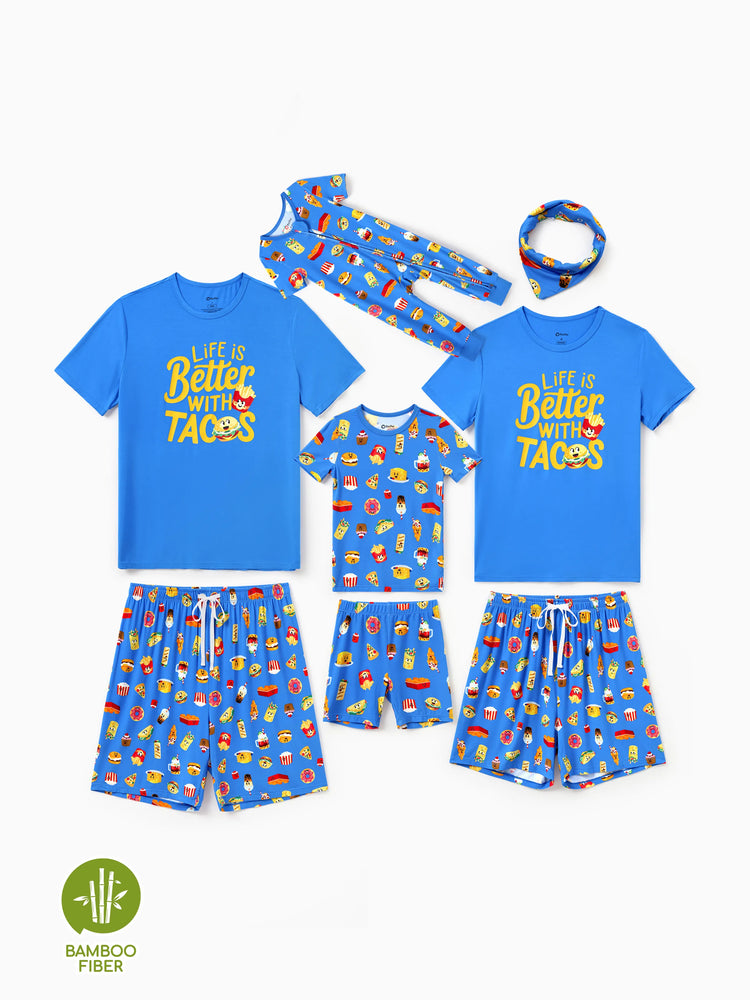 Daddy & Son Bamboo Pajamas Buttery Soft Bamboo PJs for Men Women Kids Toddler, Cute Burger & Fries Print Short Sleeve Sleepwear (Snug-Fitting for Children) Royal Blue