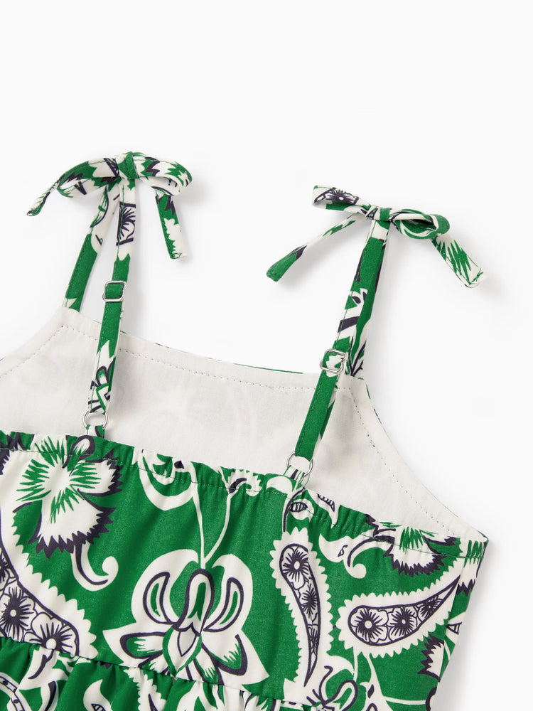 Family Matching Outfits Set Floral Print Short-sleeve Collar Shirt or Strappy Smocked  Dress for Summer Vacation  Green