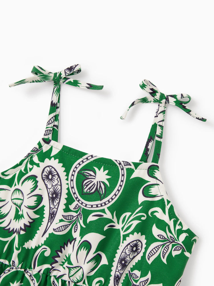 Family Matching Outfits Set Floral Print Short-sleeve Collar Shirt or Strappy Smocked  Dress for Summer Vacation  Green