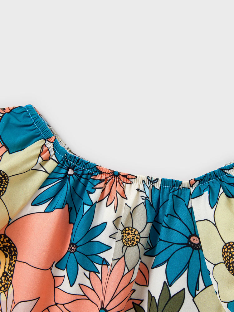 Family Matching Set Sun Flower Print Short-sleeve Collar Shirt or White Camisole Top and Flower Wide-leg Pants Set for Summer Vacation  Multi-color