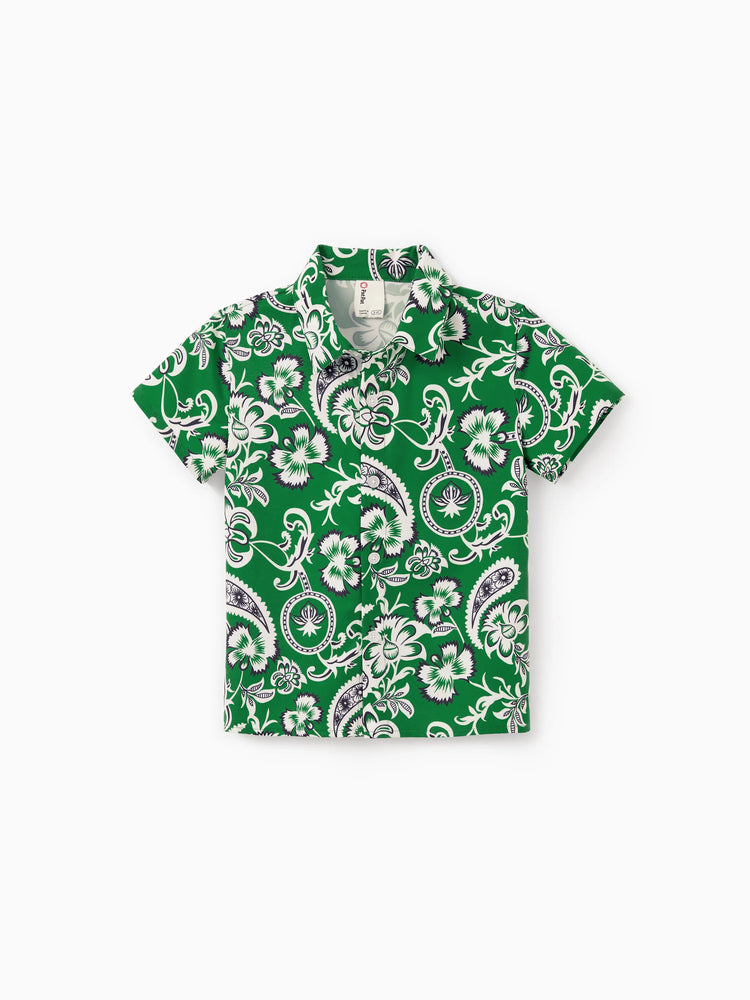 Mommy & me Outfits Set Floral Print Short-sleeve Collar Shirt or Strappy Smocked  Dress for Summer Vacation Green