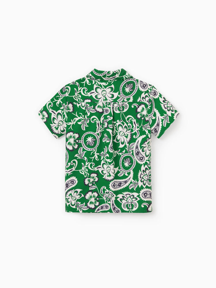Family Matching Outfits Set Floral Print Short-sleeve Collar Shirt or Strappy Smocked  Dress for Summer Vacation  Green