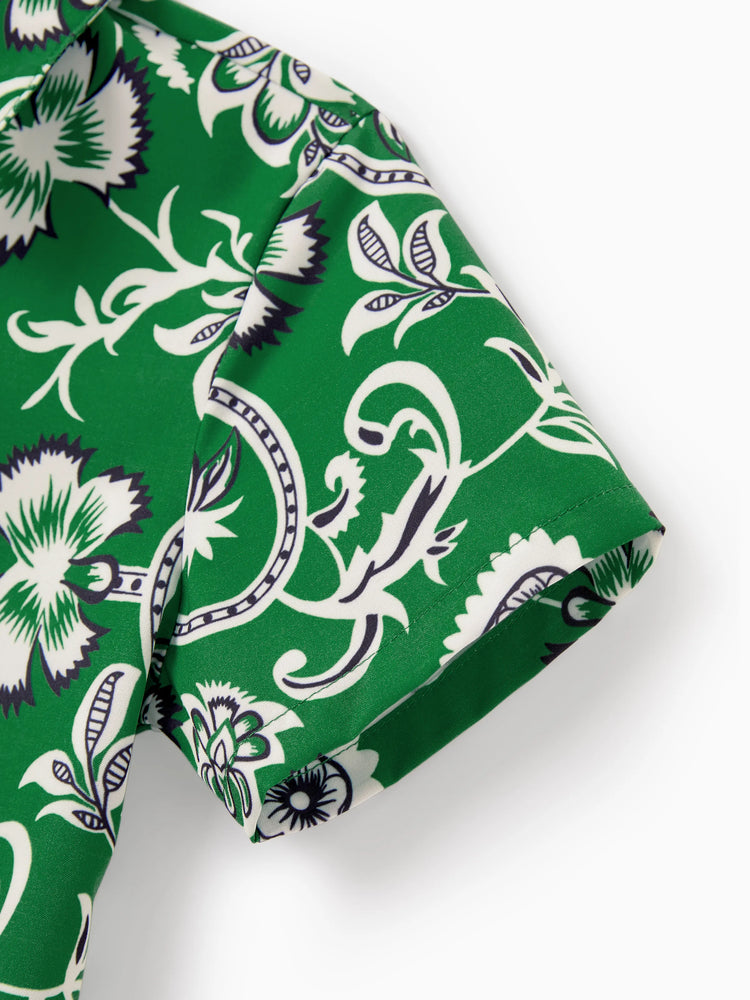 Family Matching Outfits Set Floral Print Short-sleeve Collar Shirt or Strappy Smocked  Dress for Summer Vacation  Green