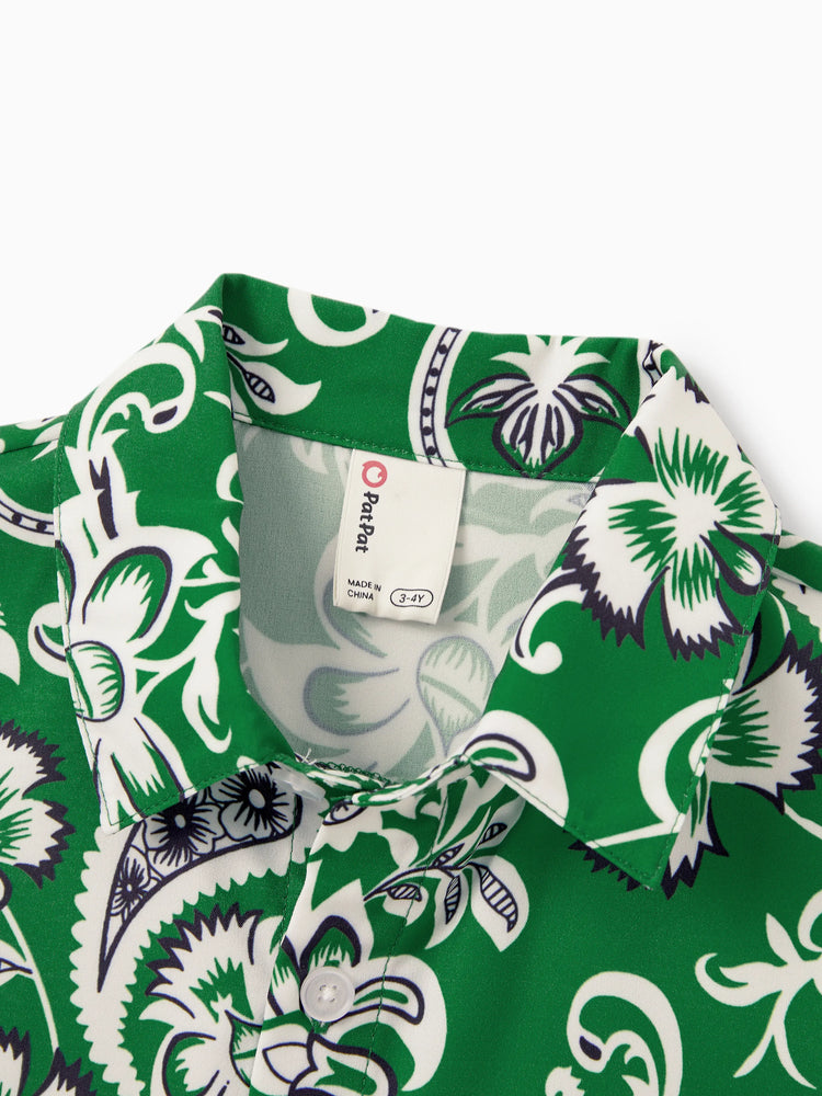 Family Matching Outfits Set Floral Print Short-sleeve Collar Shirt or Strappy Smocked  Dress for Summer Vacation  Green