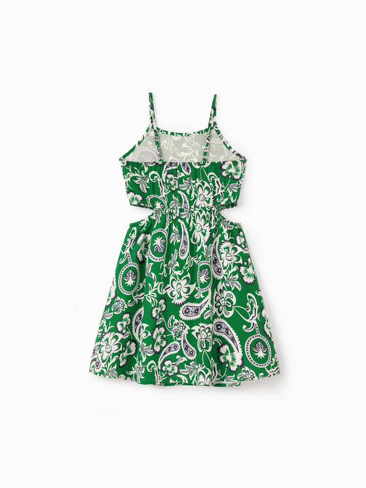 Family Matching Outfits Set Floral Print Short-sleeve Collar Shirt or Strappy Smocked  Dress for Summer Vacation  Green
