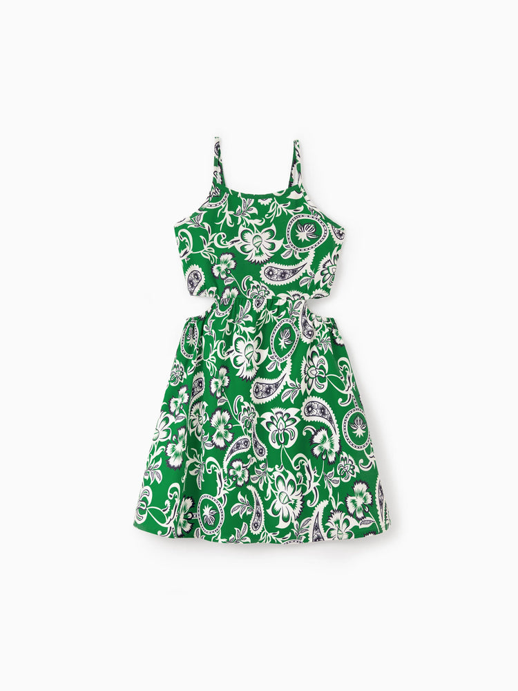 Family Matching Outfits Set Floral Print Short-sleeve Collar Shirt or Strappy Smocked  Dress for Summer Vacation  Green