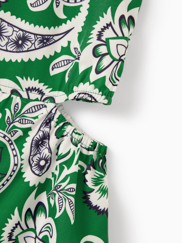 Family Matching Outfits Set Floral Print Short-sleeve Collar Shirt or Strappy Smocked  Dress for Summer Vacation  Green