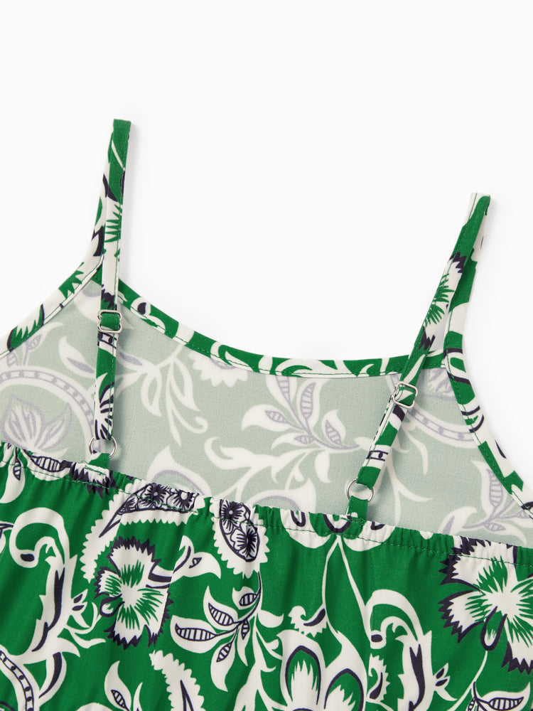 Family Matching Outfits Set Floral Print Short-sleeve Collar Shirt or Strappy Smocked  Dress for Summer Vacation  Green