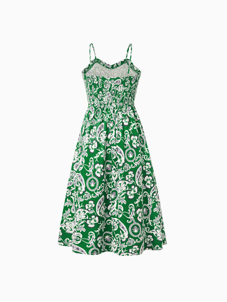 Family Matching Outfits Set Floral Print Short-sleeve Collar Shirt or Strappy Smocked  Dress for Summer Vacation  Green