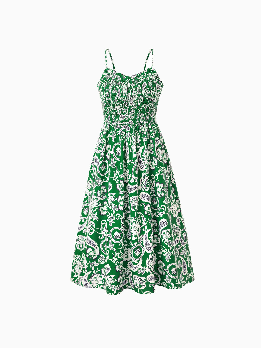 Ensemble de tenues assorties pour la famille Chemise à col à manches courtes imprimée florale ou robe smockée à bretelles pour les vacances d'été verte