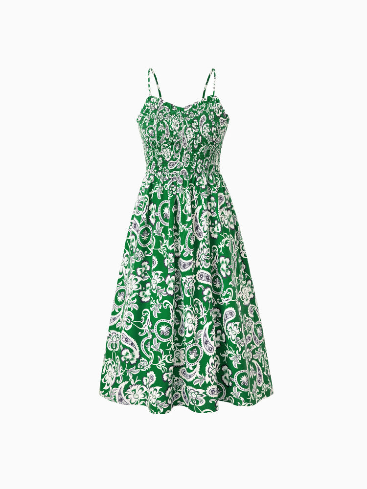 Family Matching Outfits Set Floral Print Short-sleeve Collar Shirt or Strappy Smocked  Dress for Summer Vacation  Green