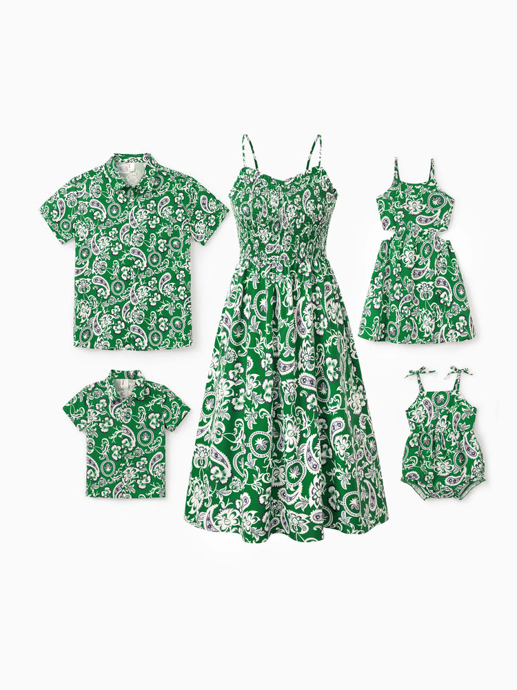 Family Matching Outfits Set Floral Print Short-sleeve Collar Shirt or Strappy Smocked  Dress for Summer Vacation  Green