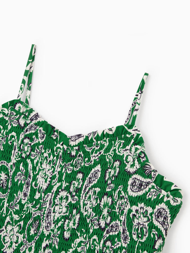 Family Matching Outfits Set Floral Print Short-sleeve Collar Shirt or Strappy Smocked  Dress for Summer Vacation  Green