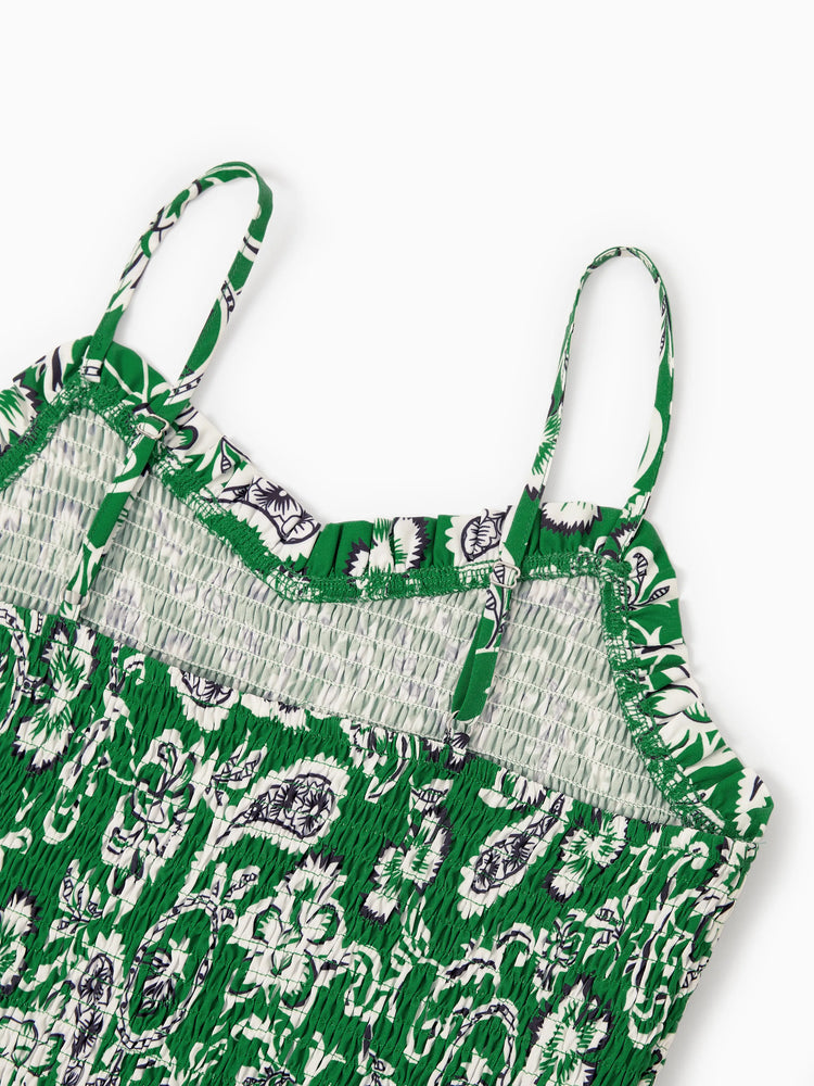 Family Matching Outfits Set Floral Print Short-sleeve Collar Shirt or Strappy Smocked  Dress for Summer Vacation  Green