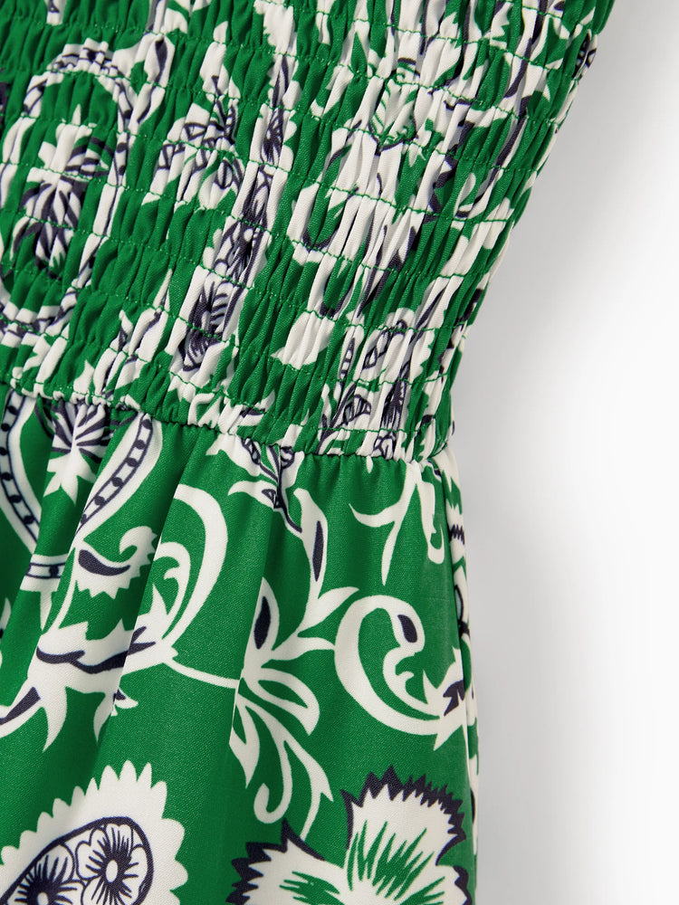 Family Matching Outfits Set Floral Print Short-sleeve Collar Shirt or Strappy Smocked  Dress for Summer Vacation  Green