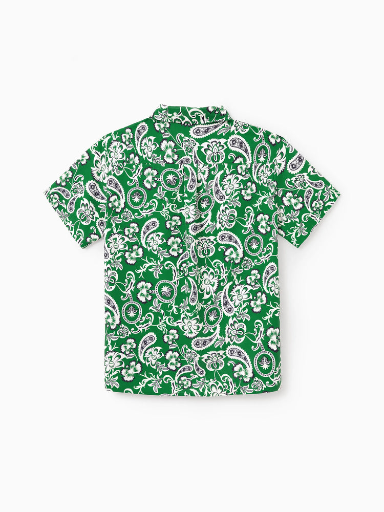 Daddy & Son Outfits Set Floral Print Short-sleeve Collar Shirt or Strappy Smocked  Dress for Summer Vacation Green