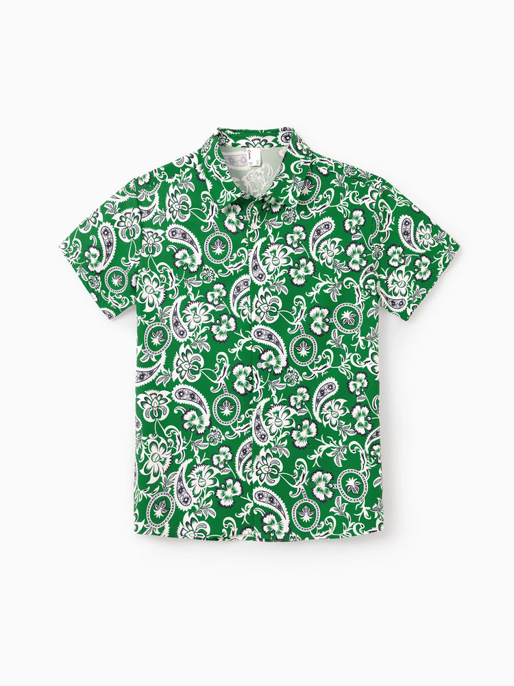 Daddy & Son Outfits Set Floral Print Short-sleeve Collar Shirt or Strappy Smocked  Dress for Summer Vacation Green