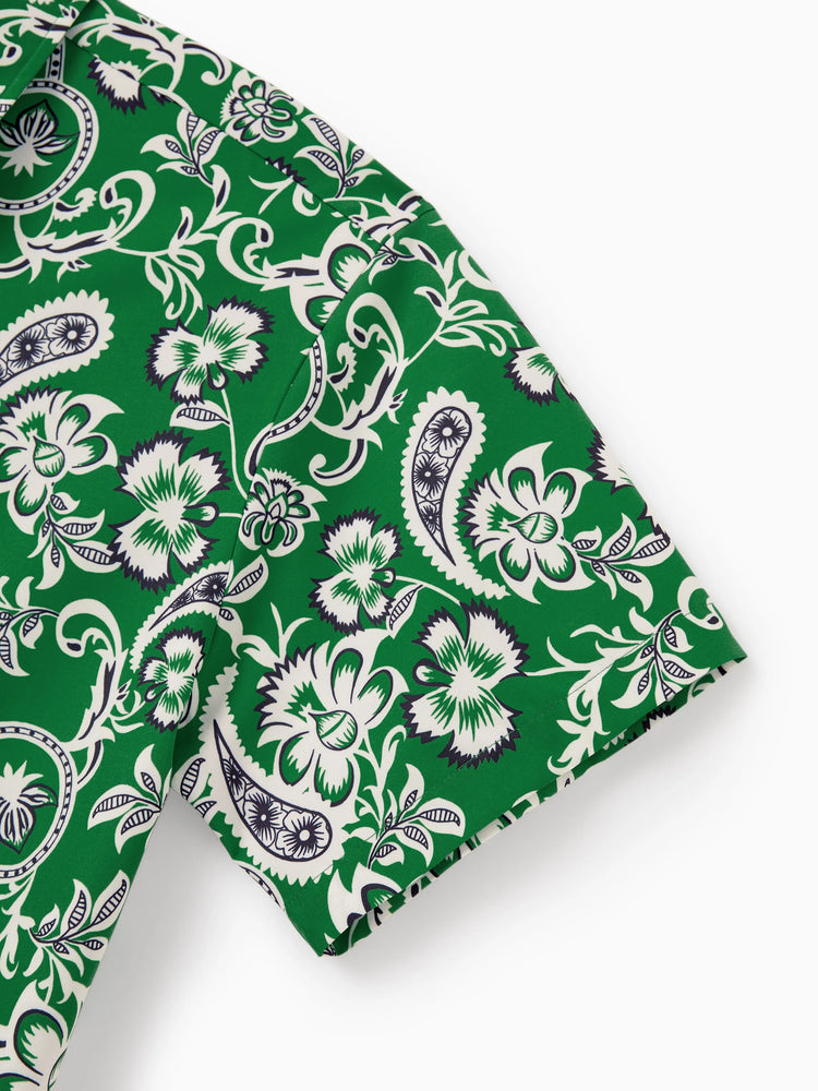 Family Matching Outfits Set Floral Print Short-sleeve Collar Shirt or Strappy Smocked  Dress for Summer Vacation  Green