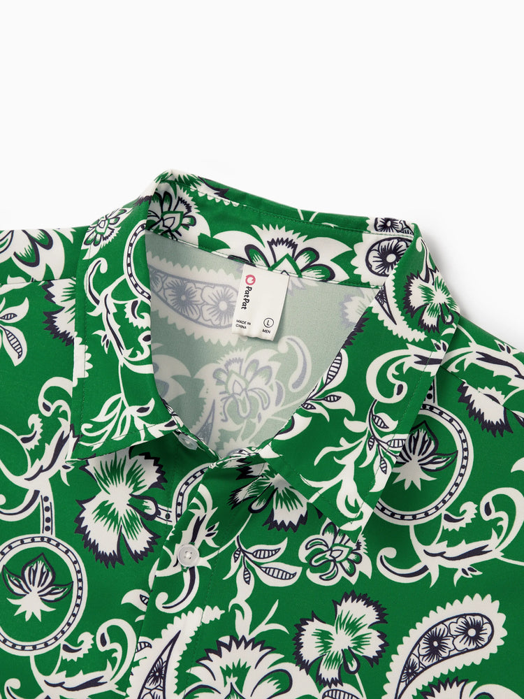 Daddy & Son Outfits Set Floral Print Short-sleeve Collar Shirt or Strappy Smocked  Dress for Summer Vacation Green