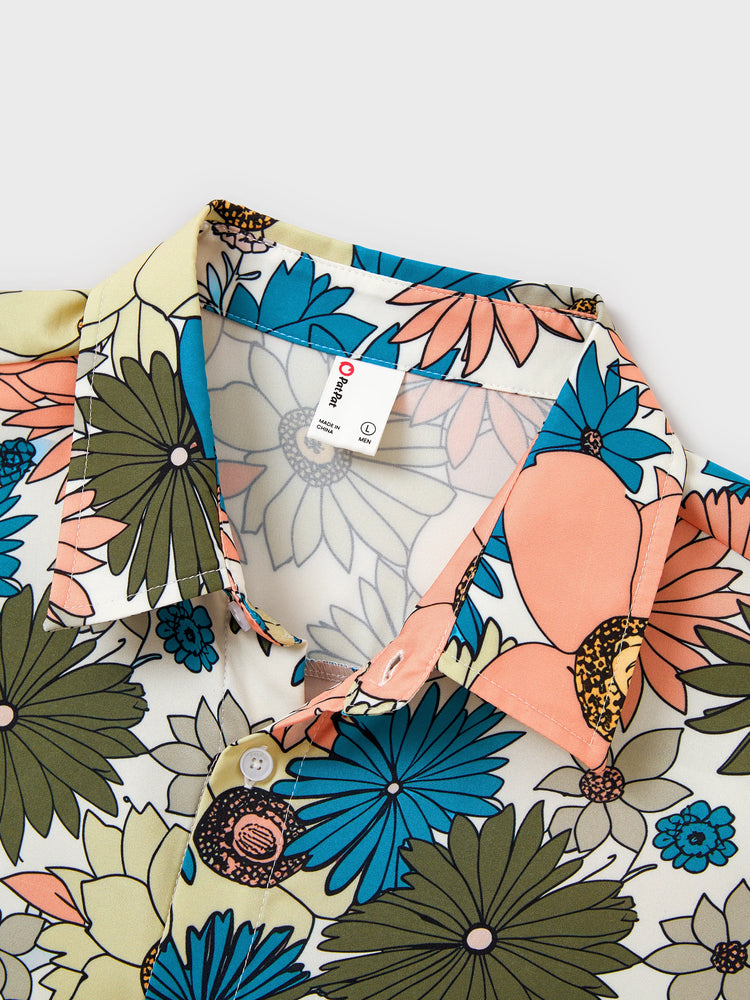 Family Matching Set Sun Flower Print Short-sleeve Collar Shirt or White Camisole Top and Flower Wide-leg Pants Set for Summer Vacation  Multi-color