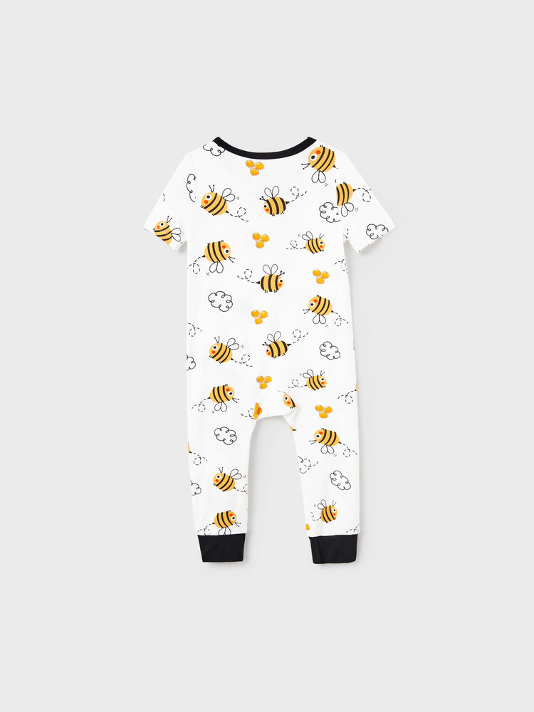 Family Matching Bamboo Pajamas Soft Bamboo Viscose PJs for Men Women Kids Toddler, Cute Bee Print Sleepwear with Short Sleeve Top and Long Pants White