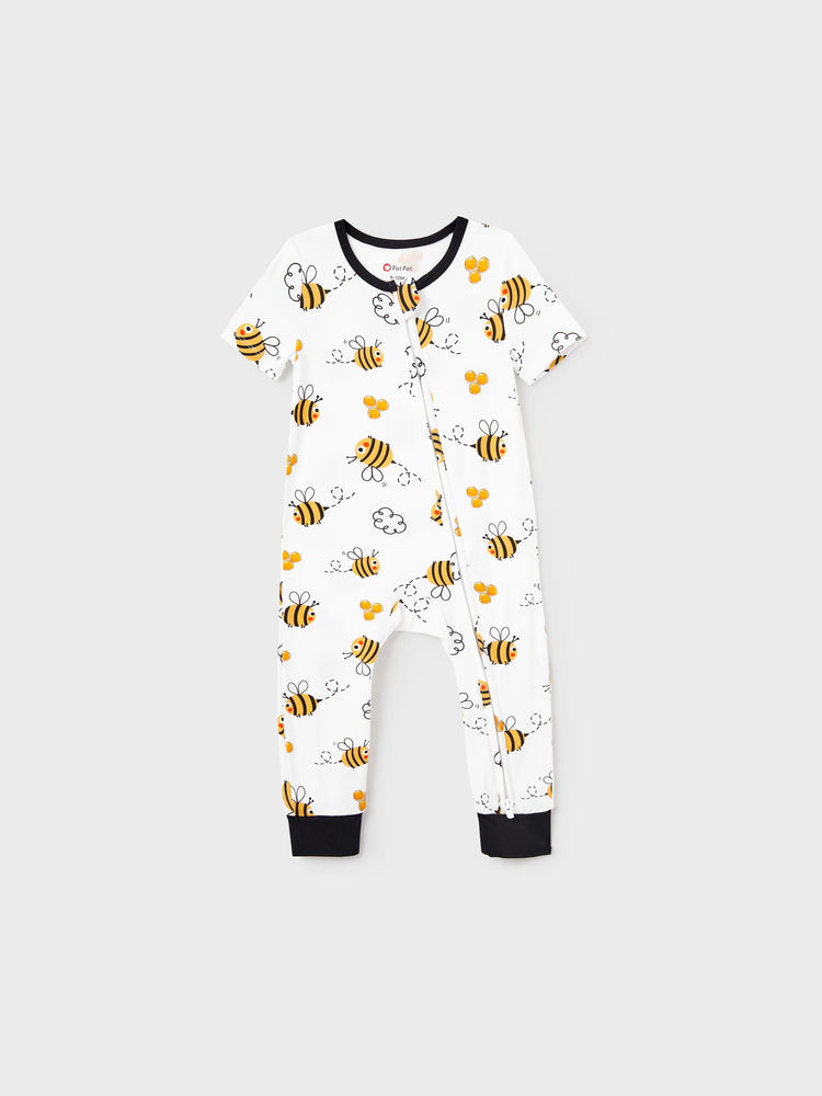 Family Matching Bamboo Pajamas Soft Bamboo Viscose PJs for Men Women Kids Toddler, Cute Bee Print Sleepwear with Short Sleeve Top and Long Pants White