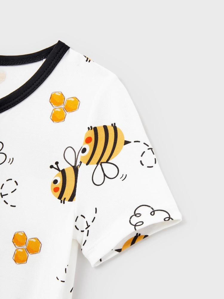 Family Matching Bamboo Pajamas Soft Bamboo Viscose PJs for Men Women Kids Toddler, Cute Bee Print Sleepwear with Short Sleeve Top and Long Pants White