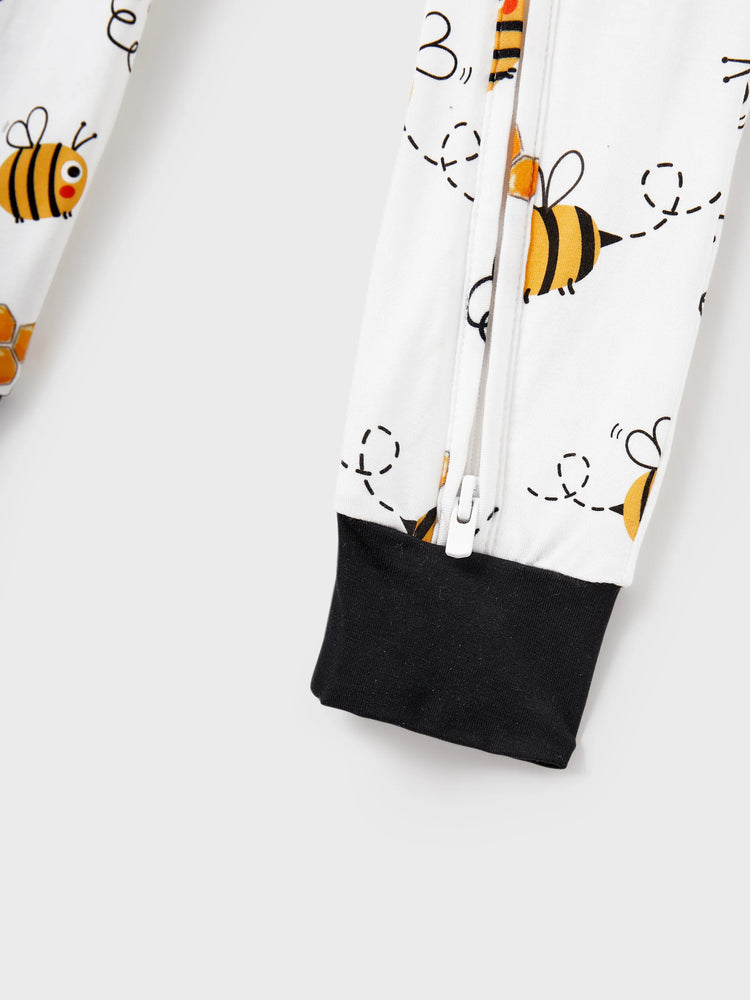 Family Matching Bamboo Pajamas Soft Bamboo Viscose PJs for Men Women Kids Toddler, Cute Bee Print Sleepwear with Short Sleeve Top and Long Pants White