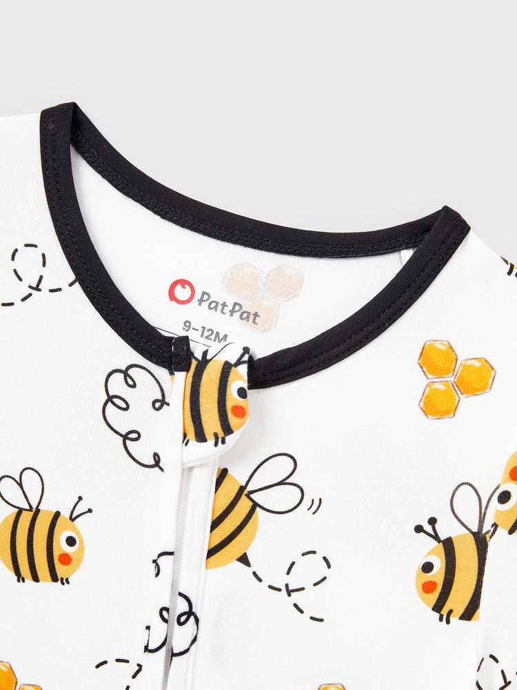 Daddy & Son Bamboo Pajamas Soft Bamboo Viscose PJs for Men Women Kids Toddler, Cute Bee Print Sleepwear with Short Sleeve Top and Long Pants White