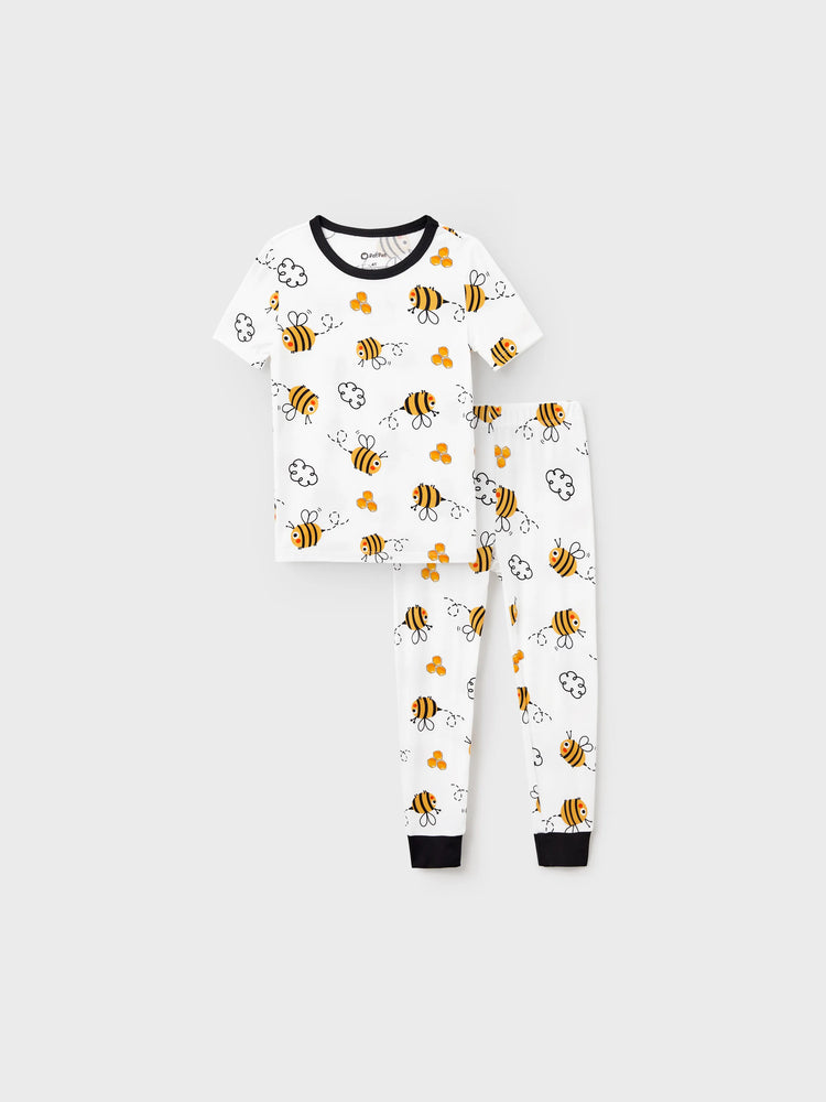 Daddy & Son Bamboo Pajamas Soft Bamboo Viscose PJs for Men Women Kids Toddler, Cute Bee Print Sleepwear with Short Sleeve Top and Long Pants White