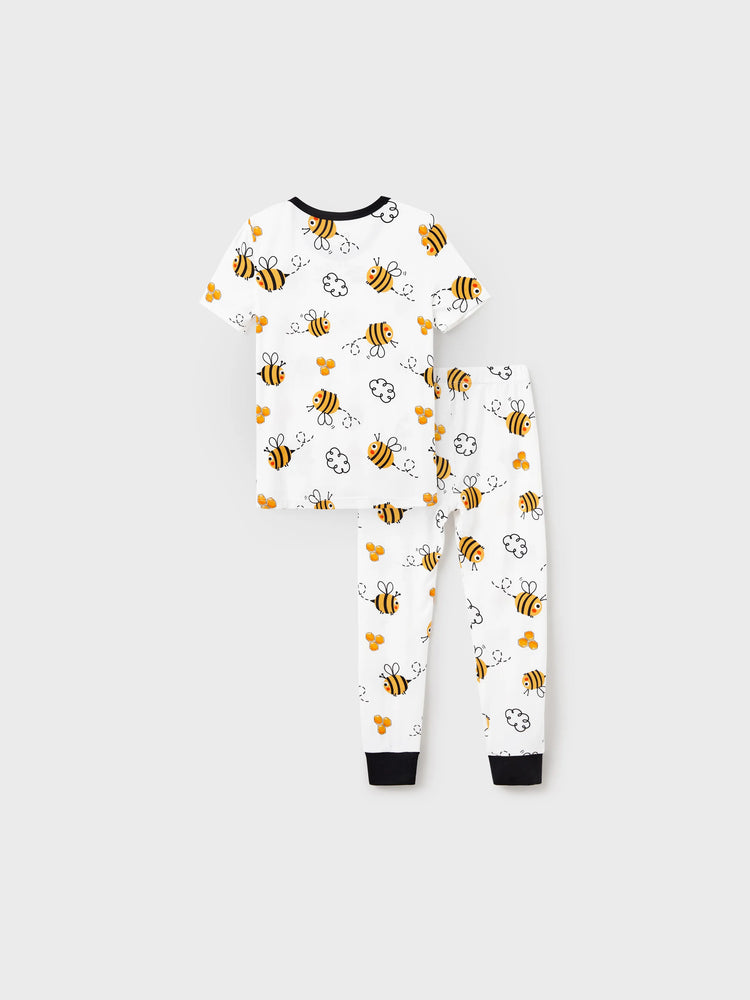Daddy & Son Bamboo Pajamas Soft Bamboo Viscose PJs for Men Women Kids Toddler, Cute Bee Print Sleepwear with Short Sleeve Top and Long Pants White