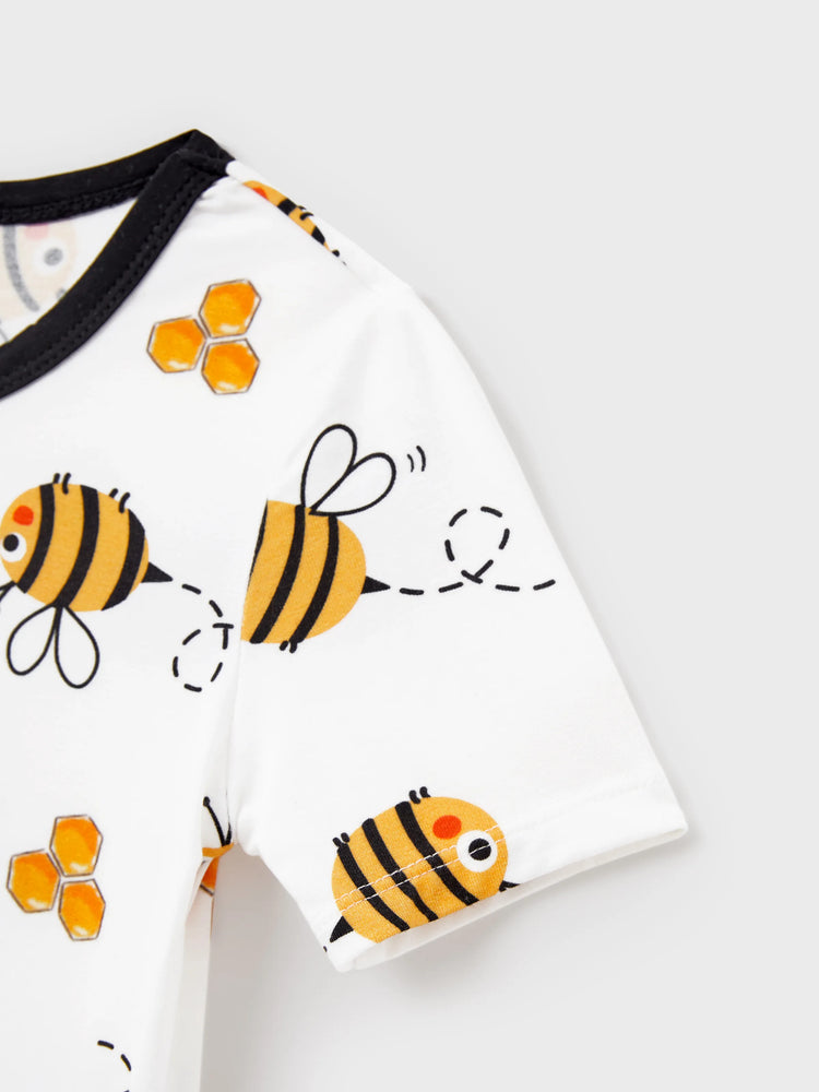Daddy & Son Bamboo Pajamas Soft Bamboo Viscose PJs for Men Women Kids Toddler, Cute Bee Print Sleepwear with Short Sleeve Top and Long Pants White